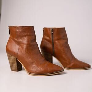 Lucky Brand Boho Western Pointed Toe Leather Booties Cognac Tan 7